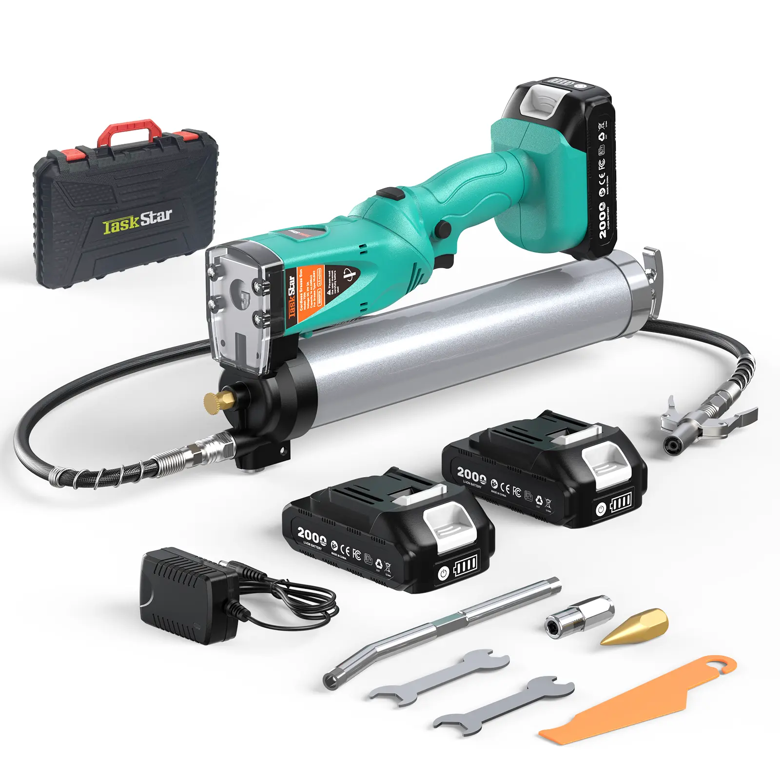 Taskstar 10000PSI Cordless Electric Rotatable Grease Gun, with 2* 2000mAh Batteries And One Charger, 39.4'' Hose - Ideal for Farm, Workshop And Heavy Machinery Maintenance