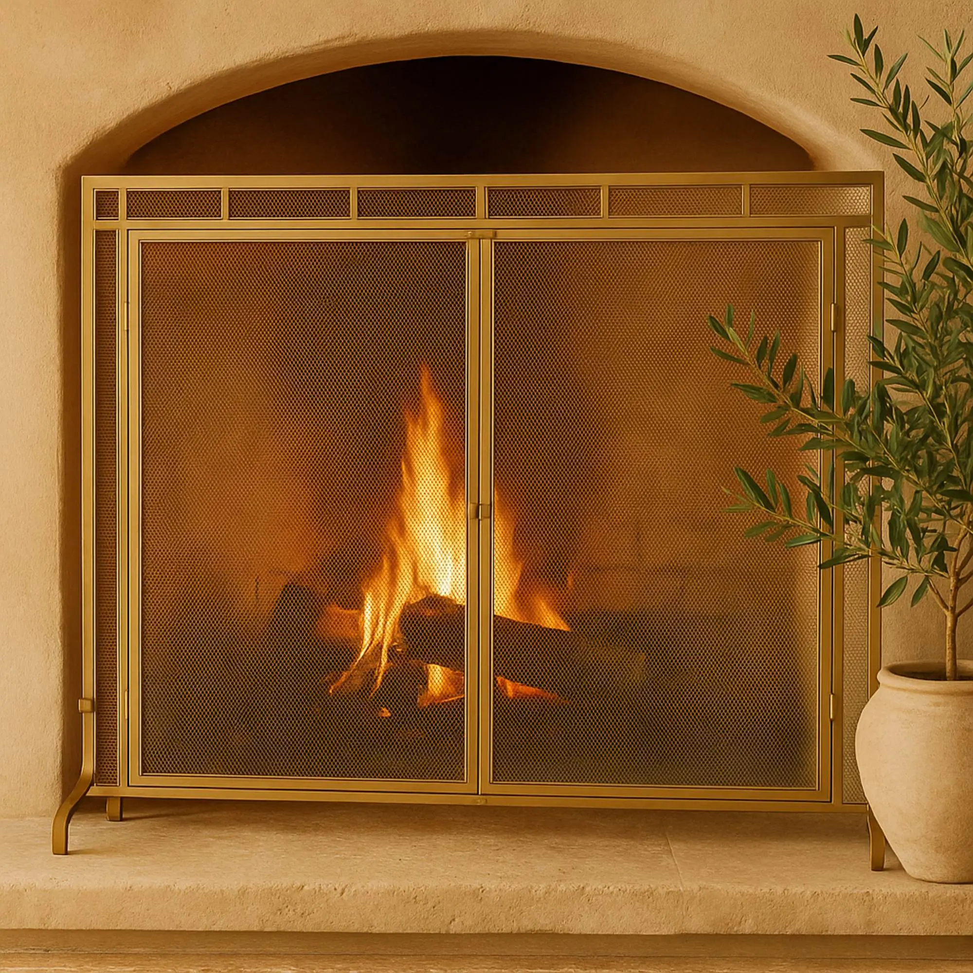 Fireplace Screen - Modern Gold Metal Geometric Single-Panel Indoor Use Iron Frame Rectangular Mesh Ember Blocker with Hinged Door, Hooked at the Center, 39.2l x 13w x 33.5h in, 11.5 lbs, Easy Maintenance for Candle Clusters