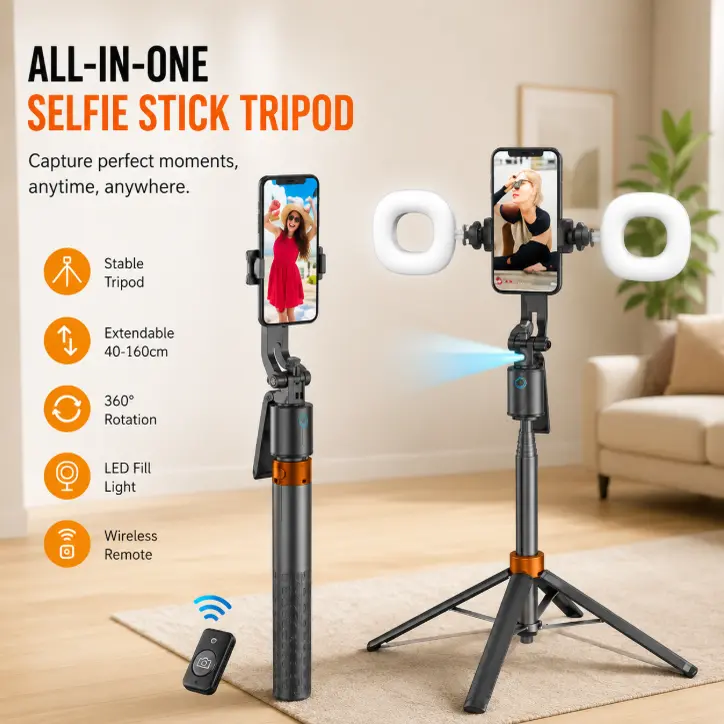 360° Rotatable Selfie Stick Tripod Smartphone Accessory - Automatic Face Tracking, 2 Fill Lights, Bluetooth Remote Control, Cellphone Grip, Storage Function for Mobile Recording (Party Gifts, Home Supplies), Accessories