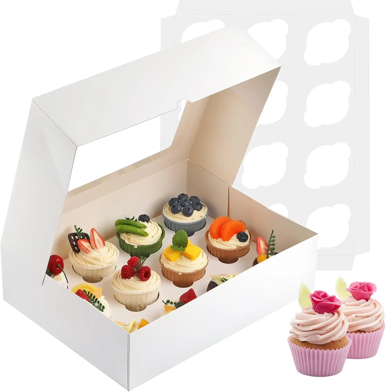 Cupcake Box, Disposable Cupcake Container Bulk, Auto-pop up, 2 Pcs, White | Cupcake Holder Holding 12 Count Cupcakes, Cupcake Carrier with Window, Easy To Assemble, Transport and Store Cupcake, Sturdy
