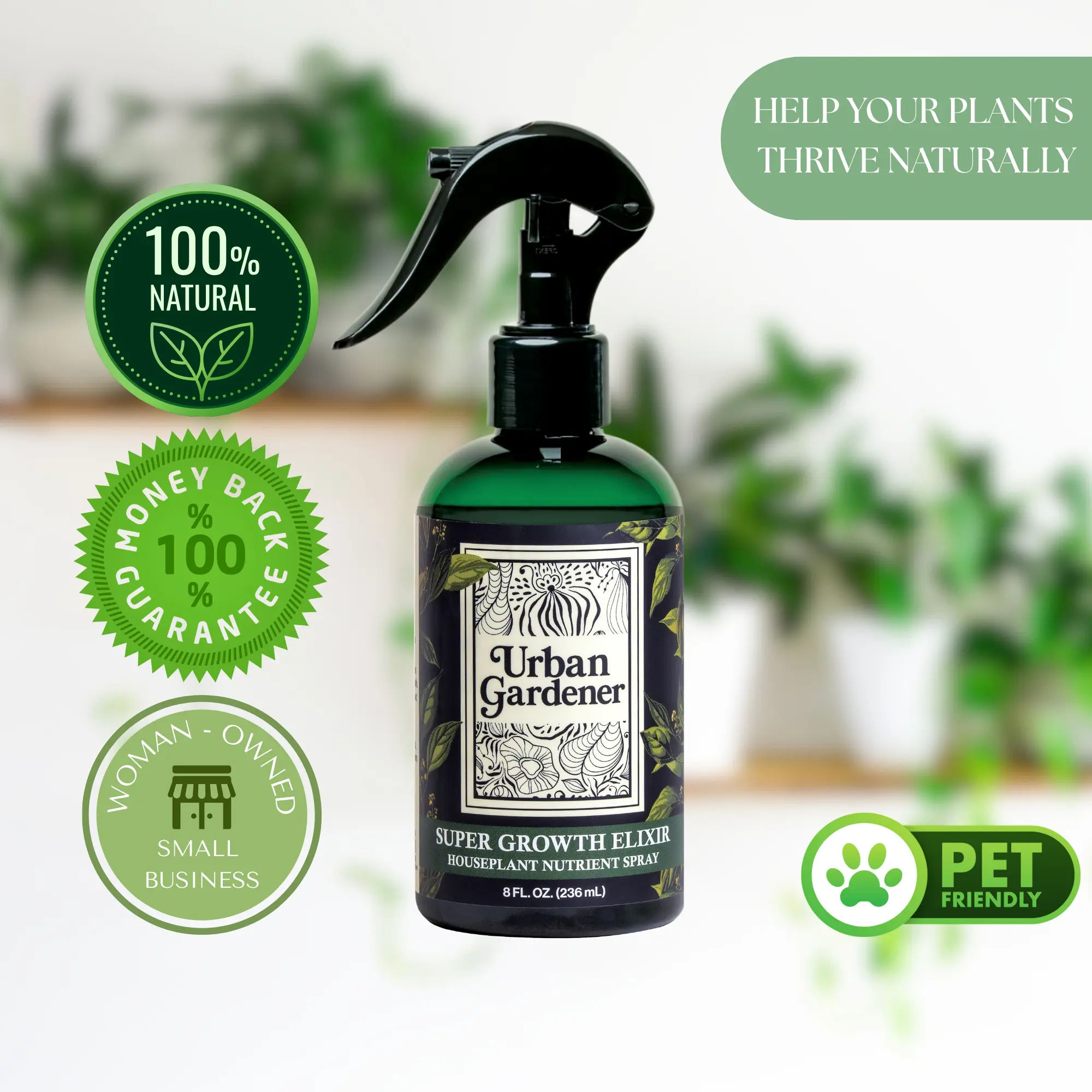 Natural Houseplant Care Spray | Super Growth Elixir | Vitamin Nutrient Care Foliar Fertilizer Spray 8oz | Keep houseplants healthy, beautiful and thriving