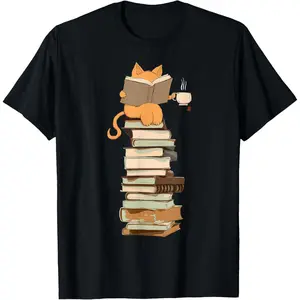 Kawaii Cat Librarian Print T-Shirt Cat Lover Gifts for Women Graphic Tee