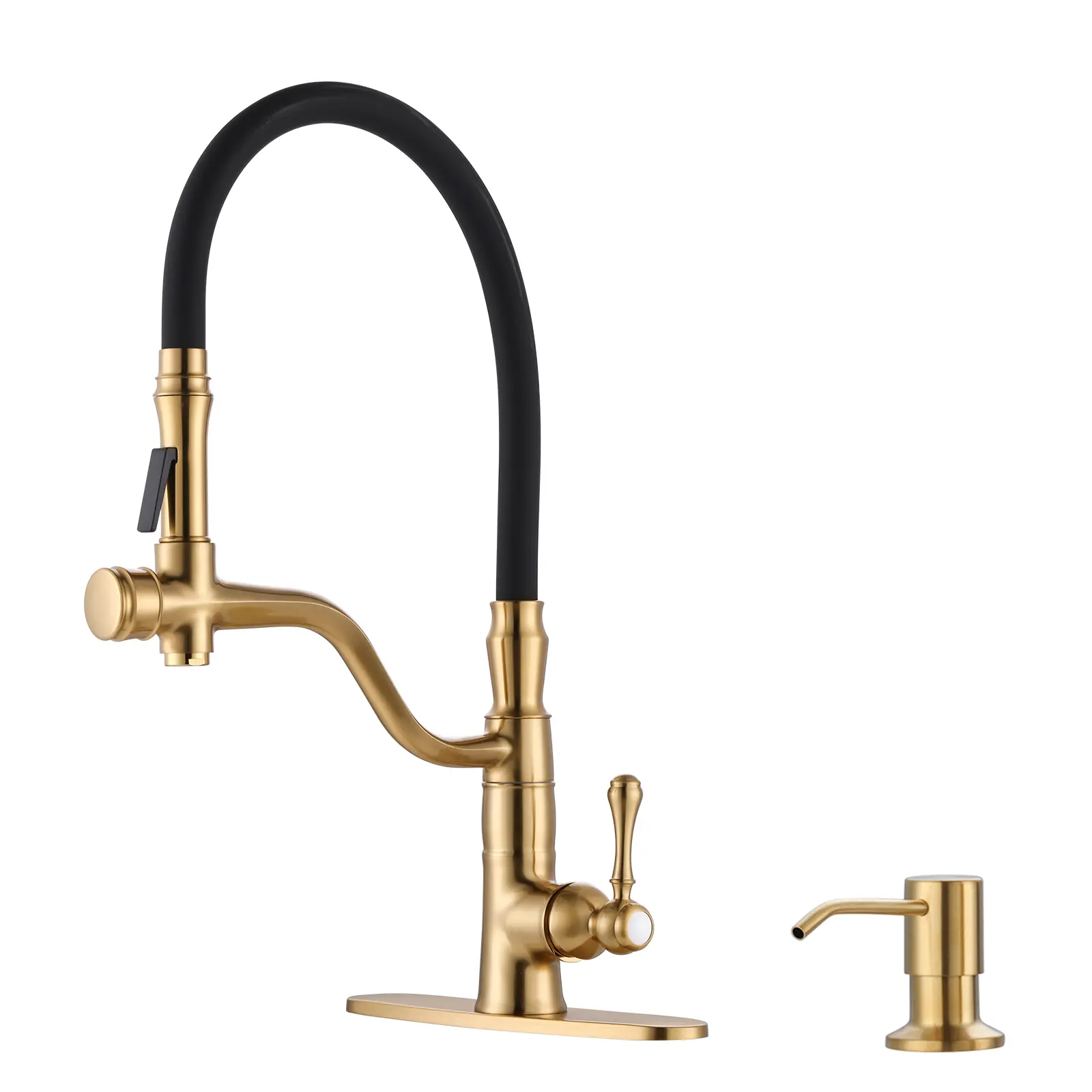 WOWOW High Arc Single Handle Pull Down Sprayer Kitchen Faucet with Soap Dispenser, Solid Brass Pull Out Spray Wand, Gold Finish, Faucet Sprayer Attachment, High Arc Faucet