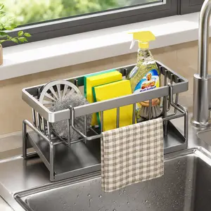 Kitchen Sink Caddy Organizer with Auto Drain,  Dish Drying Racks, Sponge Holder with Towel Rack, Keep Sink Clean & Dry