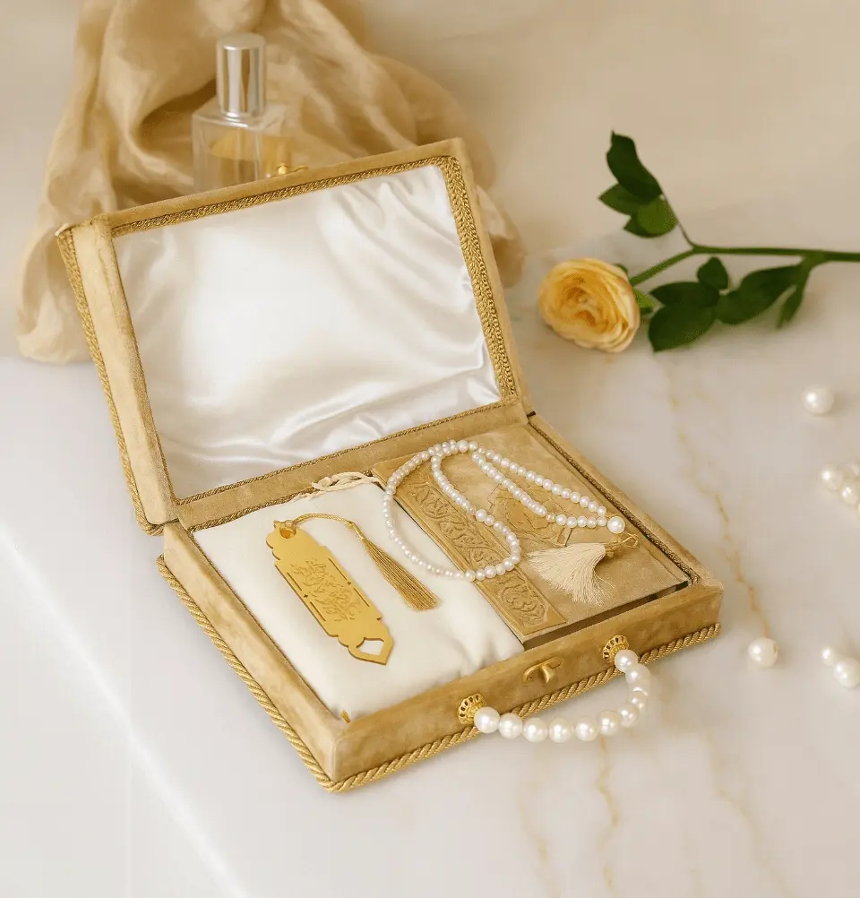 Luxury Pearl Islamic Gift Set - Velvet Box with Quran, Hijab, Tasbih, & Bookmark - Gold