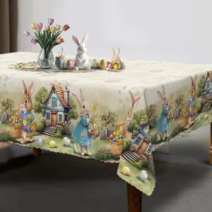 Vintage Happy Easter Tablecloth with Bunny & Egg Farmhouse Design – Spring Summer Indoor Outdoor Table Decor for Easter Party & Home Decoration