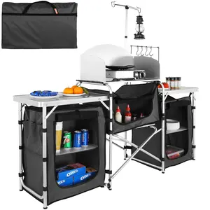 【DealsForYouDays】VEVOR Camping Kitchen Table, Folding Outdoor Cooking Table with Storage Carrying Bag, Aluminum Cook Station 3 Cupboard & Detachable Windscreen, Quick Set-up for Picnics, BBQ, RV Traveling, Black, Portable Table, Folding Grill Table
