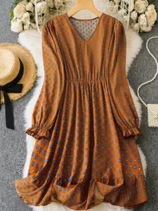 Plus All-Over Print Casual Knitted Fitted Ruffled Dress with Ruffle Sleeves, Elegant Plus Size Fashion for Women, Flattering Ruffle Hem Design