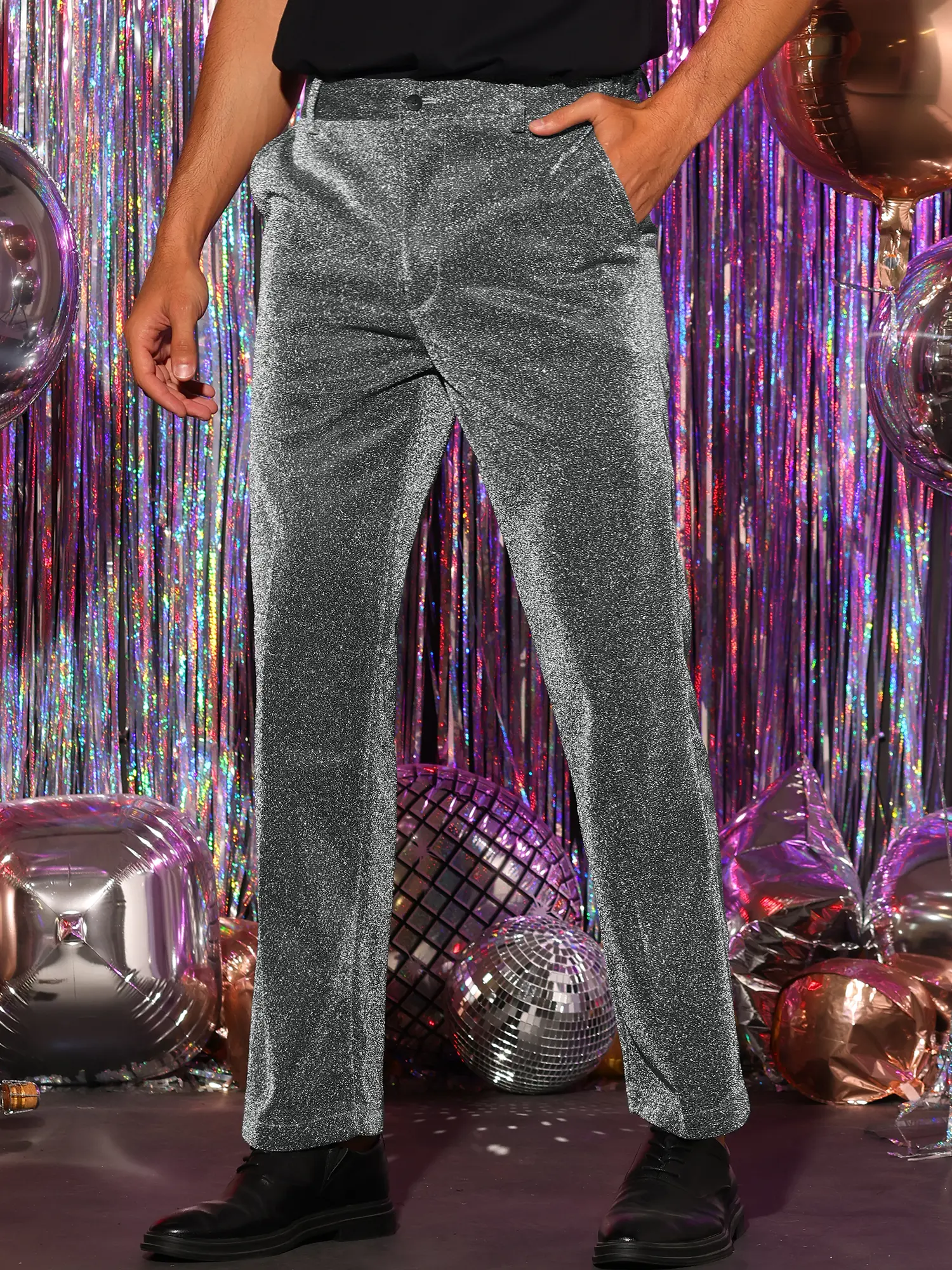INSPIRE CHIC Metallic Pants for Men's Straight Leg Party Nightclub Glitter Dress Trouser