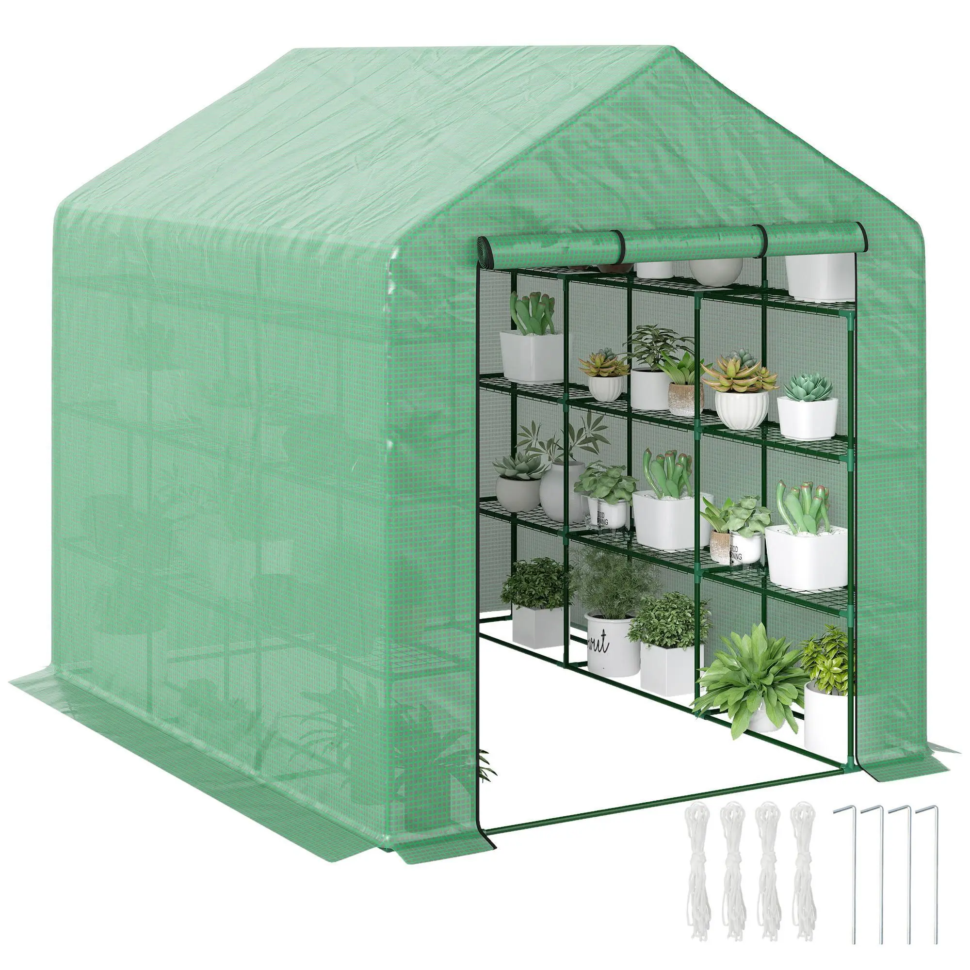 Outsunny Large Outdoor Walk-in Portable Greenhouse Grow Tent, 8'x6'x7' (96"l x70.75"w x82.75"h) Steel Frame with PE Cover, 4-Tier Vertical Shelves for Vertical Space, Roll-Up Zipper Door, Sun Protection for Plants, Flowers, Vegetables