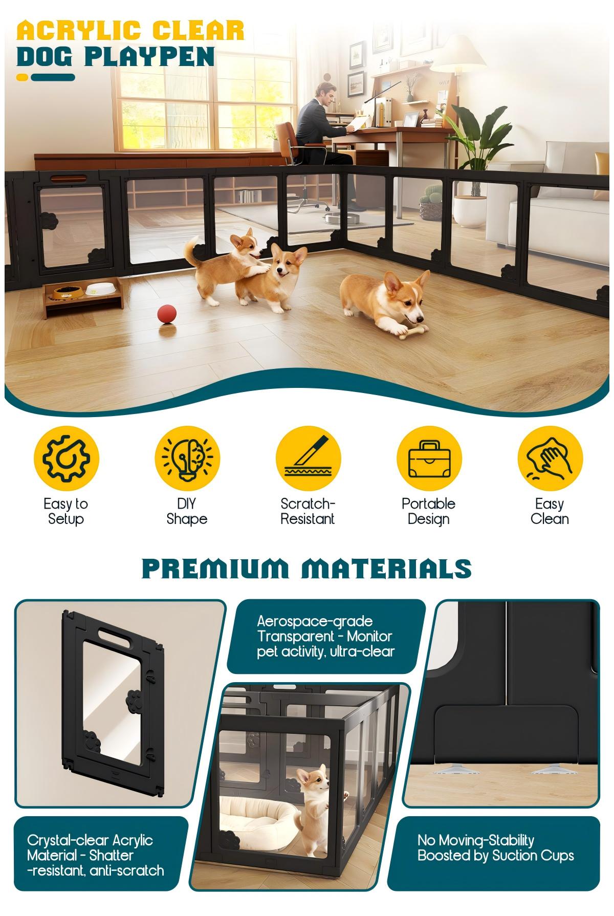AMERLIFE Acrylic Clear Dog Playpen Indoor, Modular Puppy Cat Small Pet Play Pen with Doors, Transparent Fence for Little Dogs, Cats, Rabbits, Easy Assemble and Disassemble, (24" H, 10/14/17 pcs) AMERLIFE Acrylic Clear Dog Playpen Indoor, Modular Puppy Cat Small Pet Play Pen with Doors, Transparent Fence for Little Dogs, Cats, Rabbits, Easy Assemble and Disassemble, (24" H, 10/14/17 pcs)