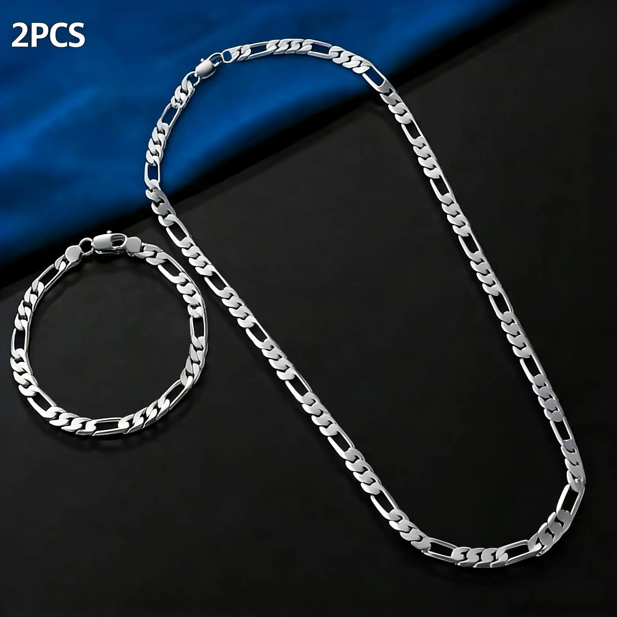 Italian Bracelet & Necklace Set for Adults, 2pcs 925 Sterling Silver-Plated Clasp 6mm Diamond-Cut Figaro Chain, 19.68/23.62in Daily Wear Valentine's Gift Fashion Jewelry Set