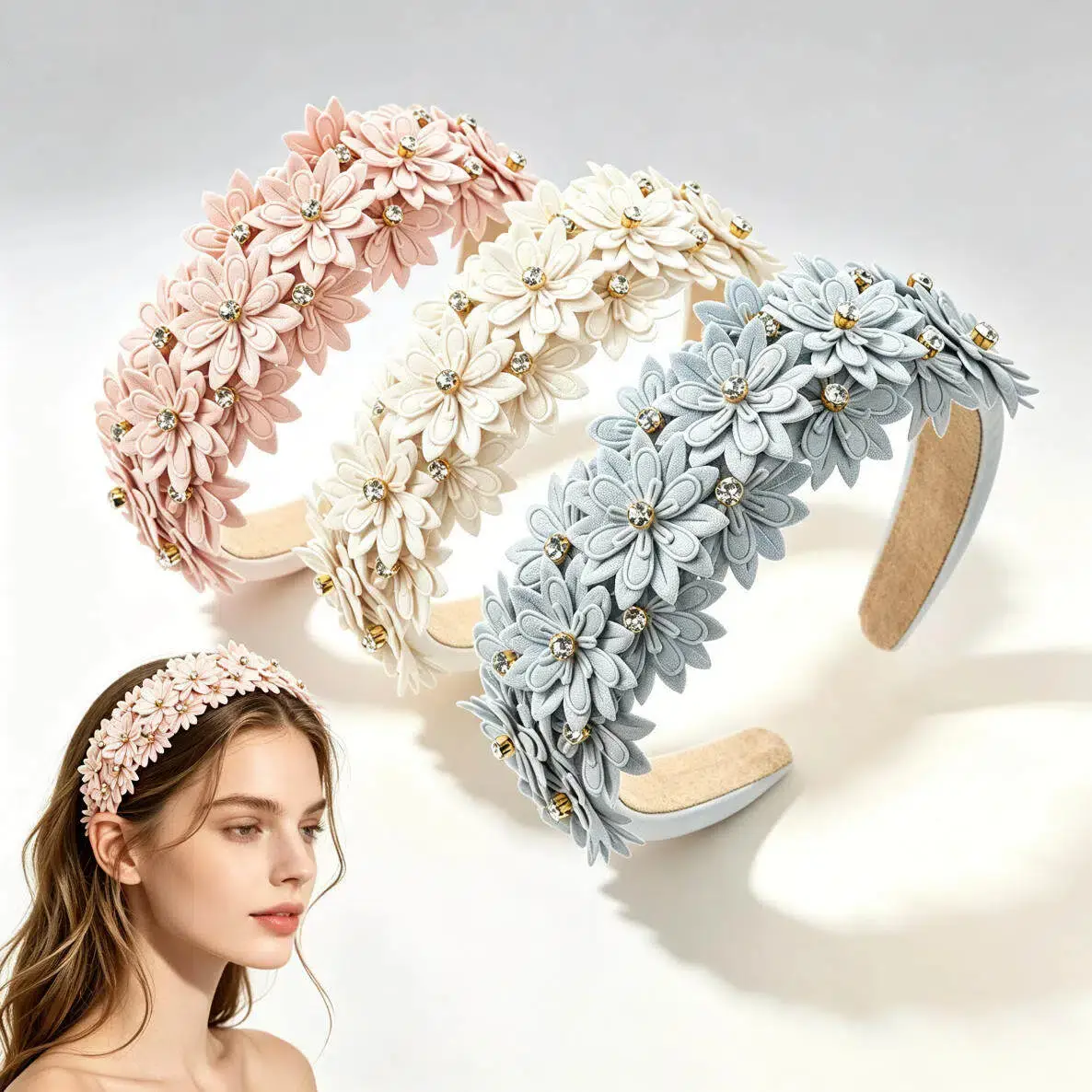 Women's Bohemian Colorful 3D Floral Crown Headband - Elegant Hair Hoop for Bride, Wedding Summer Fiesta Party Statement Hair Accessory