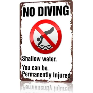 No Diving Shallow Water Permanent Injury Warning Metal Tin Sign, 12x8 Inch Aluminum Wall Art, Vintage Safety Poster for Bathroom, Restroom, Funny Gag Gift, Novelty Sign