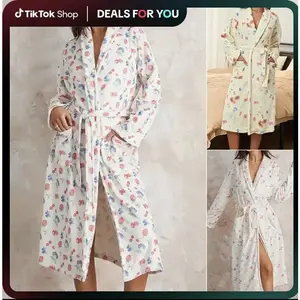 Women’s flannel dressing gown robe with floral print and shawl collar; hotel/spa party kimono robe with belt; ladies’ clothing for indoor and outdoor wear; ladies’ daily wear