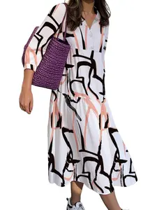 Chic Mature Girls Dress, Midi Shirt Dress with Abstract Line Print, Button, Loose Fit 3/4 Sleeve, Casual Comfy Classy, Lightweight Fabric for Casual, Womenswear