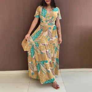CHICME Women's Short-Sleeve Full-Length Loose-Fitted Nature-Inspired Cloth Casual Dress - Lightweight, Breathable Leaf Print Drape Fabric A-Line with Tied Belt Waist for Everyday, Beach Wear, Shortsleeve, Full-Length Casual Dresses