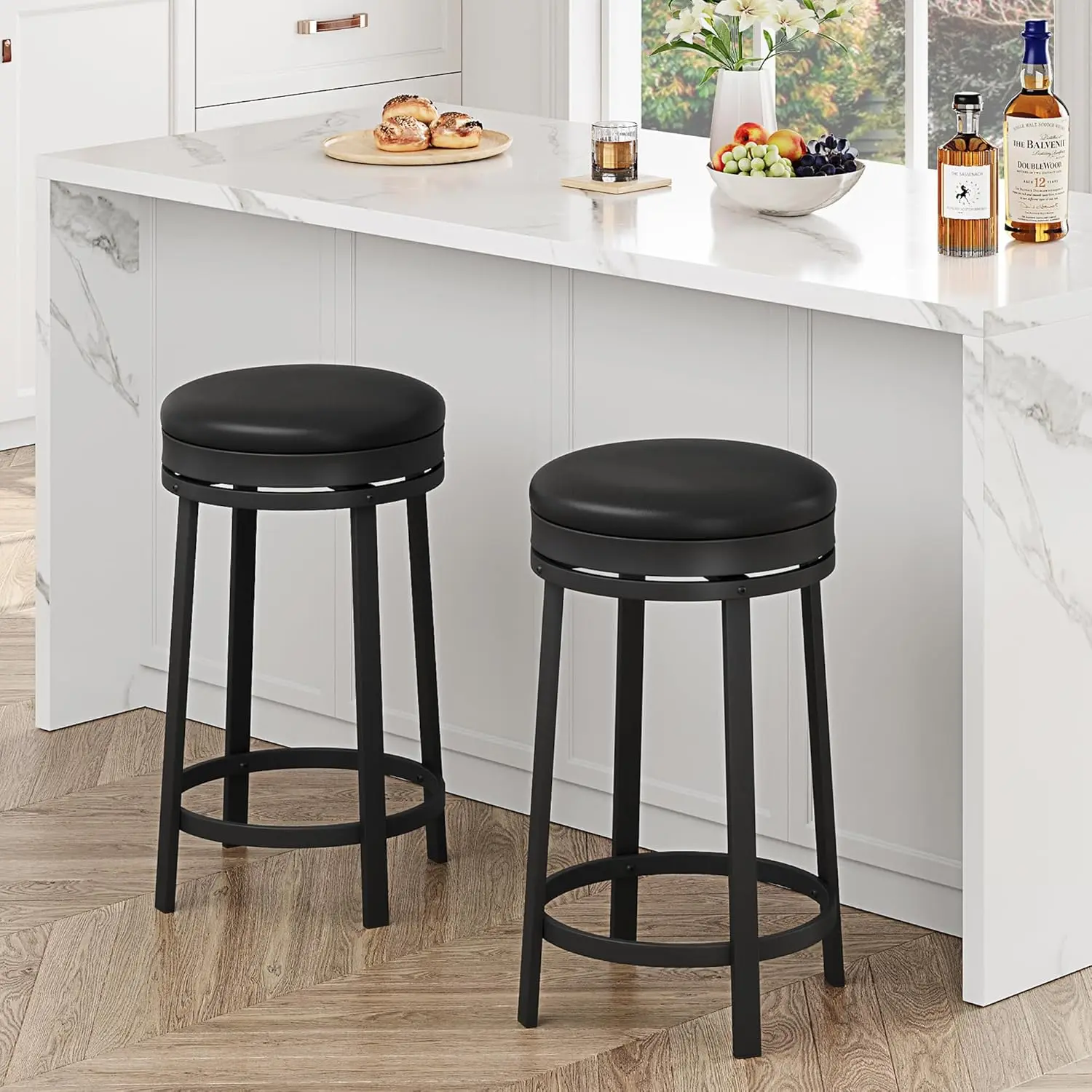 Gaomon 24-in Backless Round Rolling Swivel Bar Stools Set of 2, Counter Height, PU Leather Upholstery, Footrest, Metal Frame, Indoor/Outdoor Kitchen Island Furniture, Black