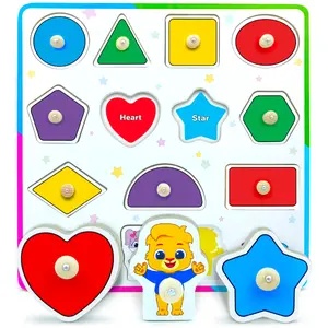 Lucas & Friends Shape Puzzle for Toddlers, Montessori Wooden Peg Puzzle with 12 Shapes & Bonus Character Pieces, Preschool Toy for Kids Ages 3-5