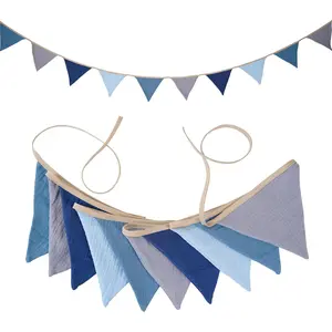 2 Pack Handmade Neutral Fabric Bunting Banner, Each 8.5 ft with 10 Flags, for Nursery Wall Hanging Wedding Birthday Baby Shower Party Home Decoration (Blue)