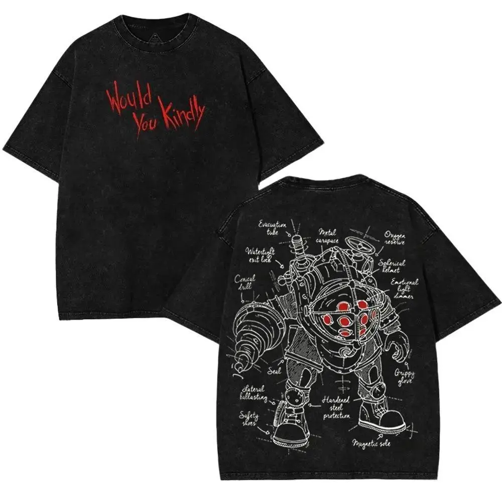 Bioshock would you kindly best daddy v3 art horror fsp game movie Game Washed Tshirt 2 Sided Cotton unisex Streetwear Tops 90s graphic tees