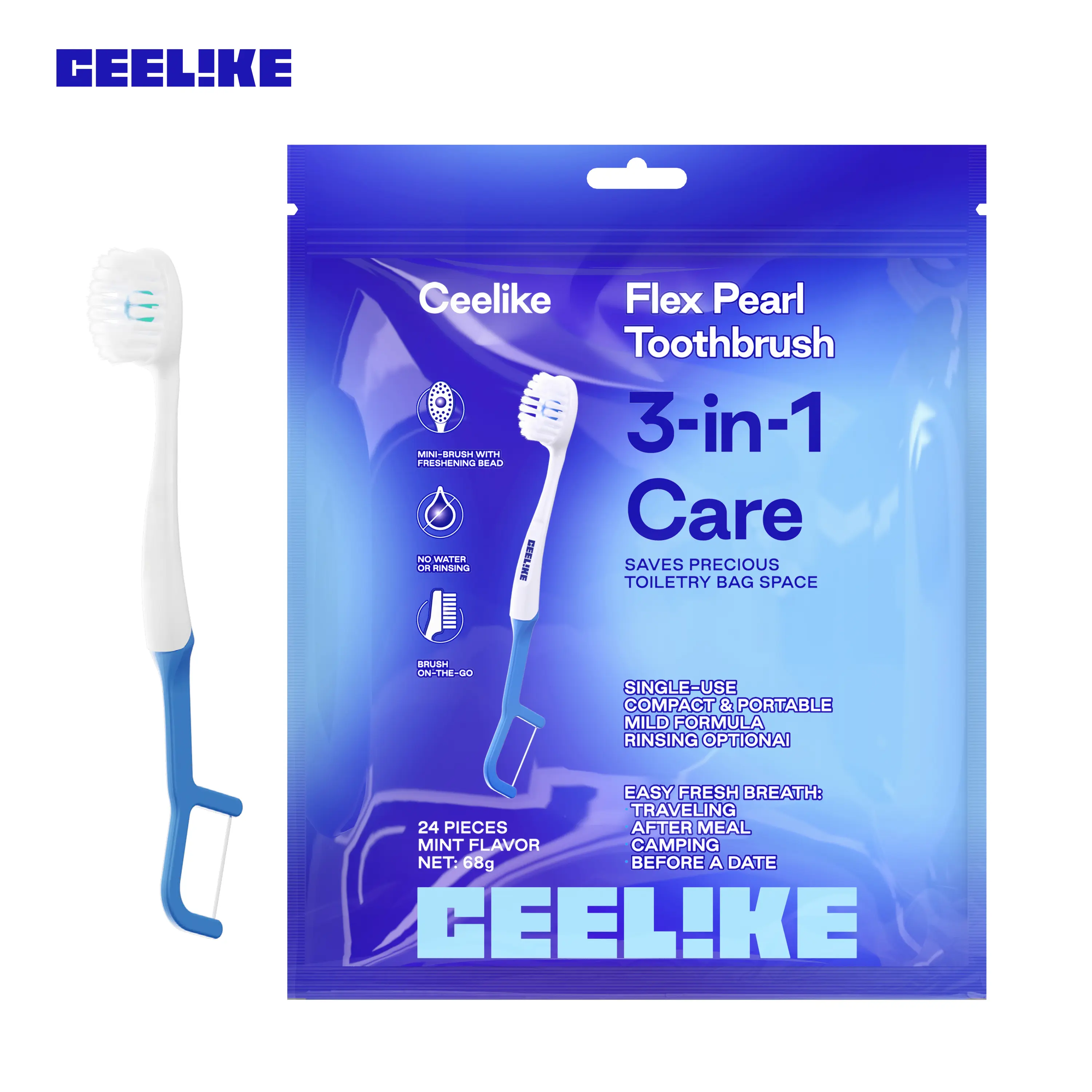 CEELIKE Flex Pearl Toothbrush 3-in-1 Care Portable Travel Design for Daily Oral Care Compact Single Use Mint Flavor