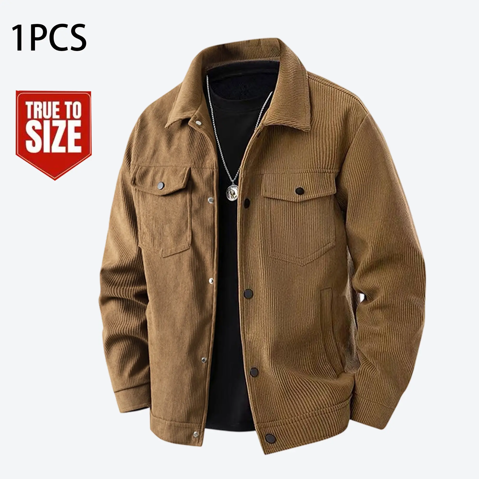 Men’s corduroy work jacket, beige, multi-pocket casual style, polyester, machine washable—ideal for spring/autumn outdoor activities. Casual outerwear, classic-collar jacket, polyester jacket.