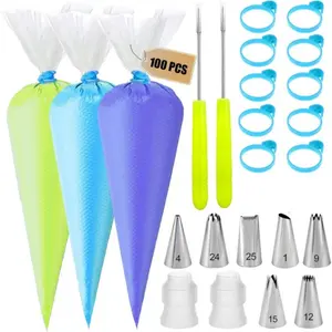 Piping Bags and Tips Set - 100 12Inch Disposable Pastry Piping Bags for Royal Icing with 7 Frosting Tips, 10 Icing Bags Ties, 2 Scriber Needle - Tipless Piping Bags Kit for Cookies & Cake Decorating