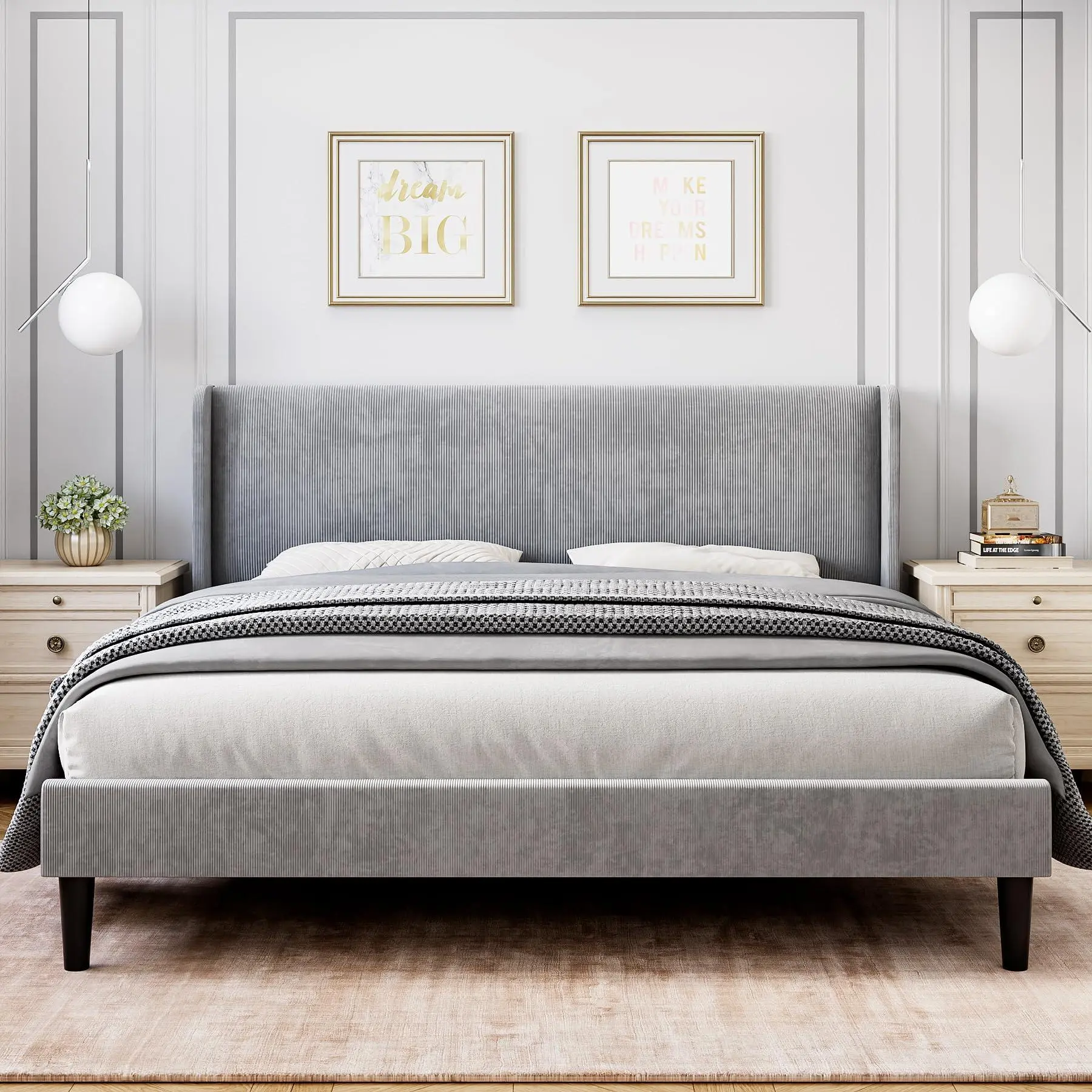 Queen bed frame with headboard and wingback, elegant vertical striped velvet upholstered bed frame with two storage pockets, sturdy wood slat support, queen bed easy assembly, light gray patio chairs side view mirror Happy Halloween Letter Balloon Set