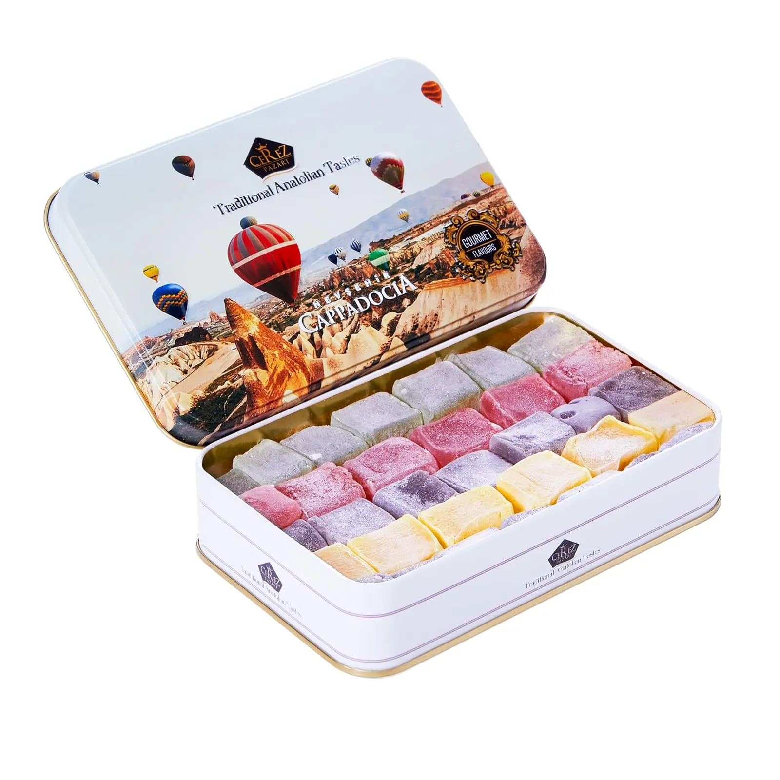 Turkish Delight Candy Gift Basket, Luxury Lokum Dessert, Gourmet Happy New Year Holiday Corporate Food Gifts in Elegant Tin Box, With 5 Unique Flavors, No Nuts, 13.2 oz. Snack