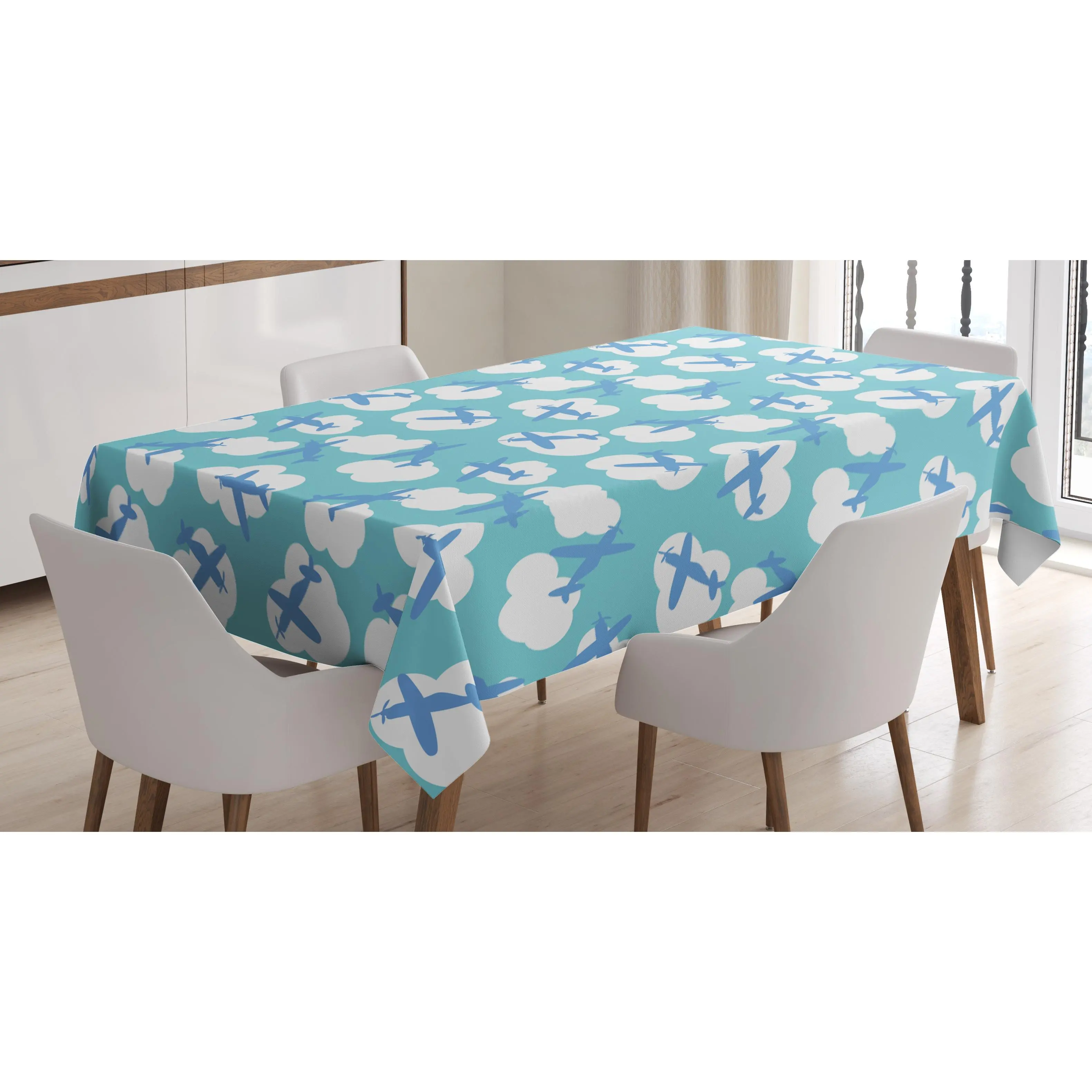 Cartoon Airplane Tablecloth, Boy Playroom Pattern with Blue Aircraft Silhouettes, Rectangular Table Cover for Dining Room Kitchen Decor, 60" X 90", Turquoise White Blue