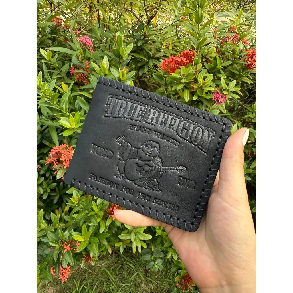 TRUE RELIGION Handcrafted Black Leather Men's Bifold Wallet Braided Stitch Edge Western Style Slim Card Wallet Travel Gift for Men