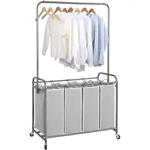 Portable Removable Laundry Sorter with Hanging Bar, Rolling Laundry Hamper Cart with Heavy Duty Lockable Wheels & Removable Bags, 181L 4 Section Rolling Laundry Basket Organizer