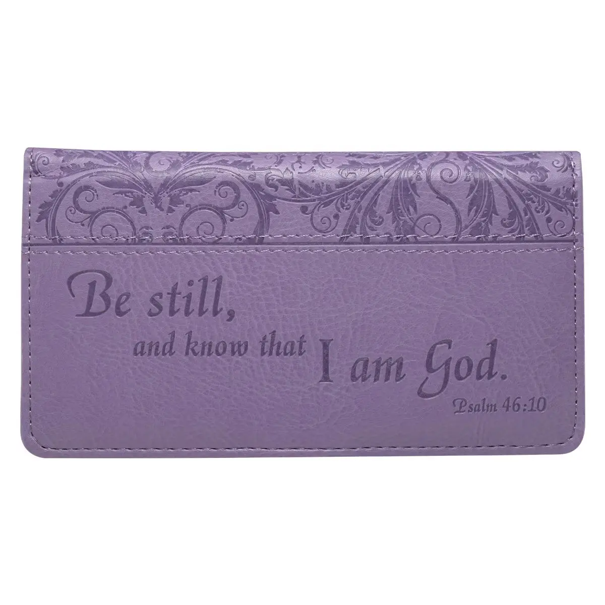 Women's Faux Leather Checkbook Cover - Be Still Purple Design, Inscribed Psalm 46:10 Message, Inscribed Message Women's Wallets, Card-Sized Women's Wallets