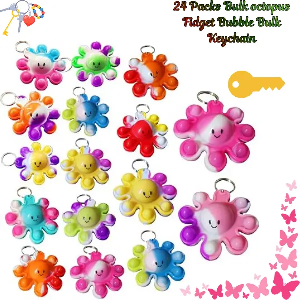 24 Pack Mini Octopus Pop Fidget Keychains, Sensory Fidget Toys Bulk for Kids & Teens, Classroom Prizes, Birthday Party Favors, Goodie Bag Fillers, Student Rewards
