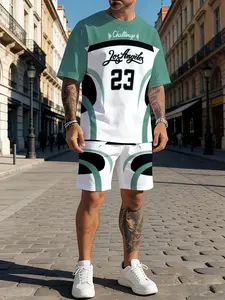 Men's Casual Stylish Fashion Set, Short Sleeve Top & Shorts Combo, Colorblock Design, All-Over Print, Perfect for Travel