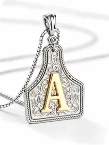 Western Jewelry Handmade Cow Brand Alphabet Letter Necklace, Dual Color Silver Gold Pendant, Adjustable 20 Inch Chain, Unisex Gift