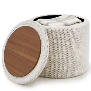Multi-Functional Hand-Crocheted Round Storage Ottoman with Solid Wood Lid, Multi-Functional Extra Large Storage Footstool as Side Table, Coffee Table, Shoe Changing Stool & Vanity Stool for Living Room Bedroom Entryway