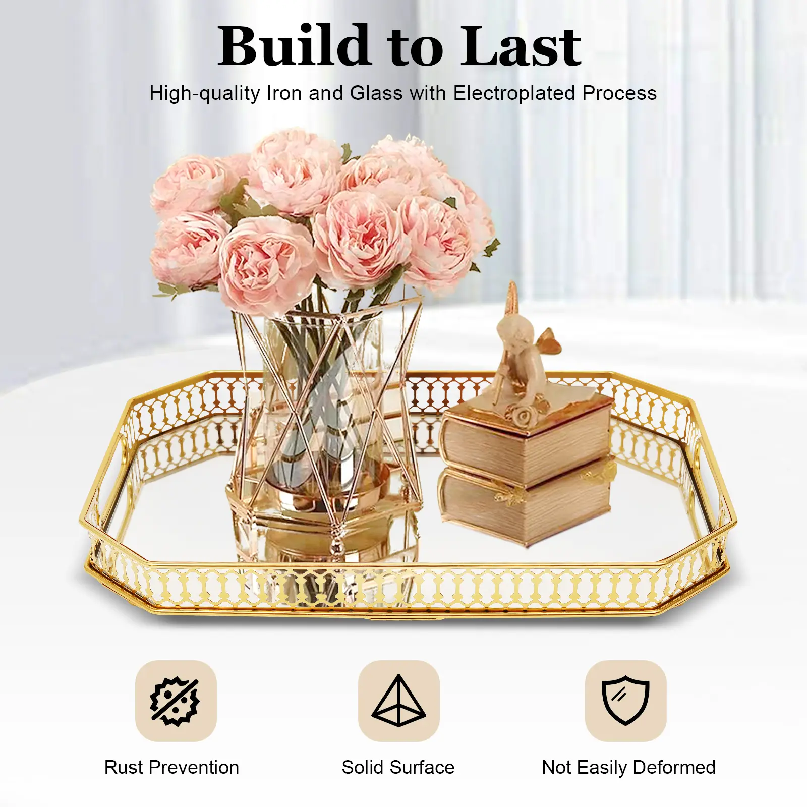Modern Gold Rectangular Metal & Glass Decorative Serving Tray (13.8x9.8x1.97in) - Electroplated, Rustproof, Durable, with Handles & Raised Edge, for Bathroom Decorations, Vanity Use