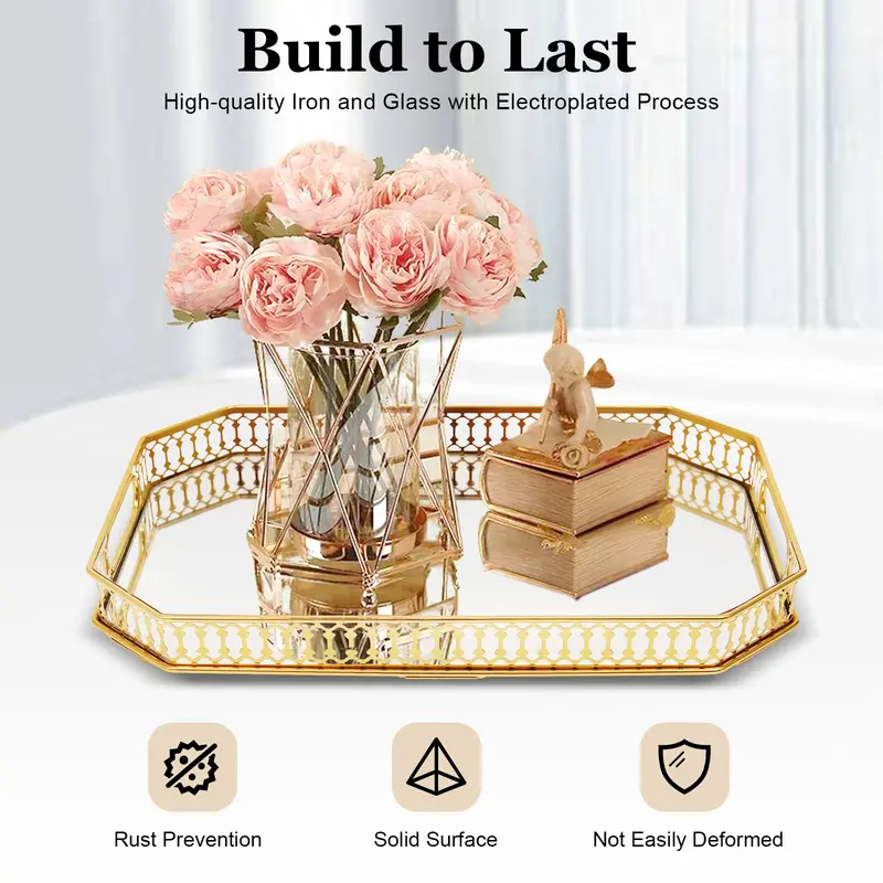 1* Gold Rectangular Metal & Glass Home Decor Serving Tray - 13.8x9.8x1.97in,1.35kg/2.97lbs, Electroplated, Corrosion Resistant, Durable, Carry Handles, Raised Edge, Table Mountable, Modern Bathroom Accessory for Vanity, Dining Tables