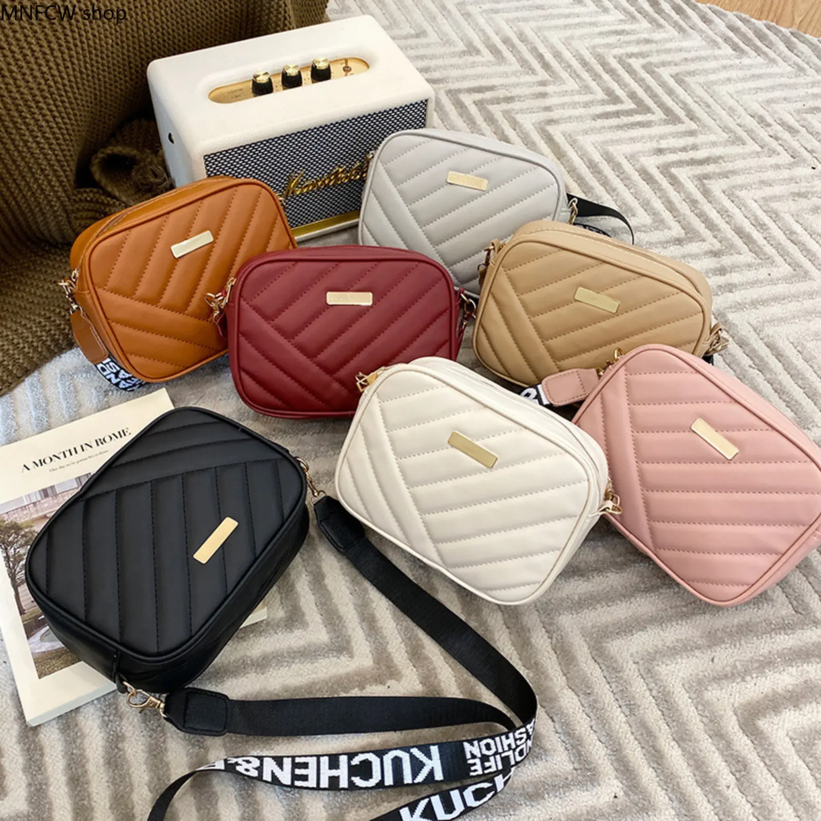 Women's 2026 Chic Crossbody Camera Bag - Quilted PU Leather, Rolled Edge Diamond Pattern, Twill Drum Storage, Zip Closure, Hangable, Lightweight, Waterproof, Metal Accents, Nylon Lining, Multi-Compartment High-Capacity Phone Bag for Camping, Hiking, Cross