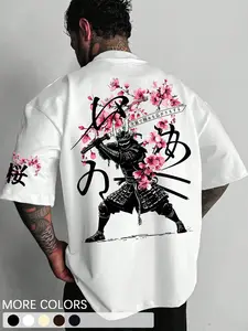 Men's Casual Fashion Japanese Sakura Samurai Design Graphic Print White Short Sleeve Crew Neck Fitted T-Shirt, Streetwear Preppy Stylish Top For All Seasons, Men Clothing For Outdoors