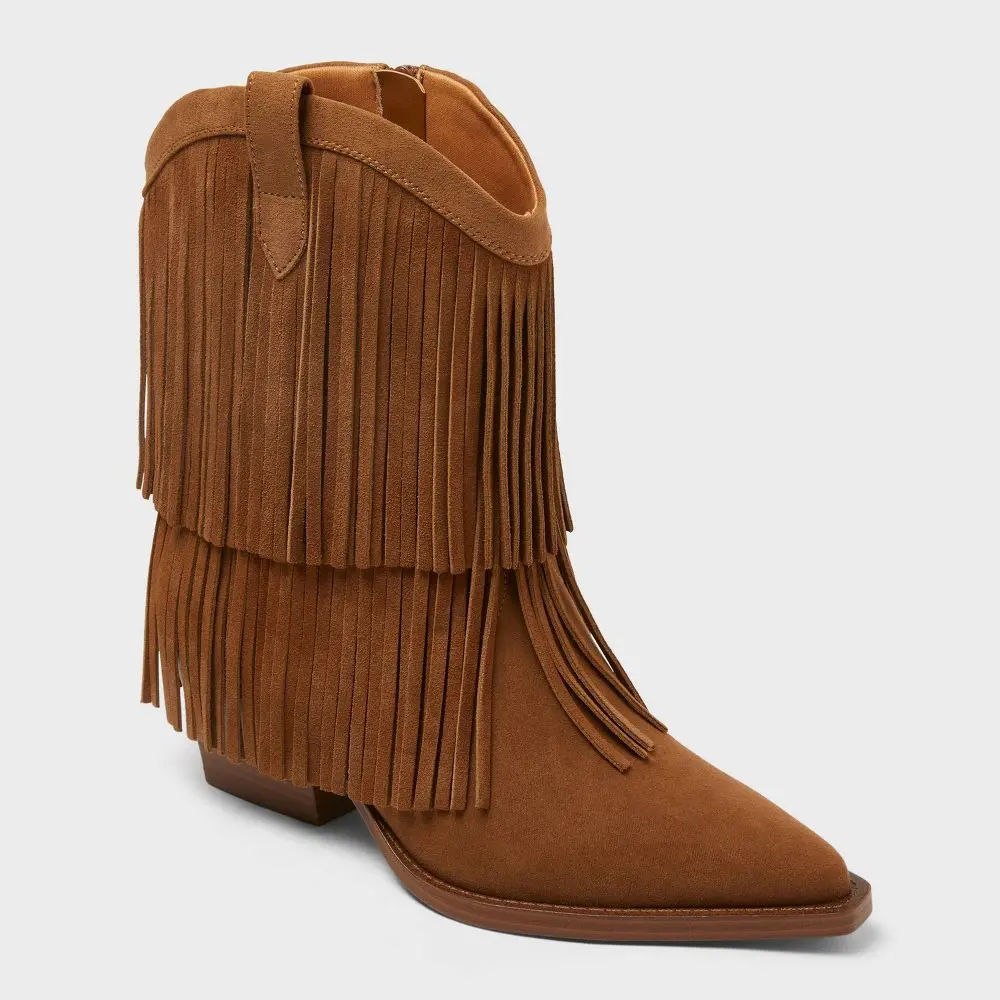 Women’s Austin Fringe Western Ankle Boots with Memory Foam Insole – Universal Thread Tan 7
