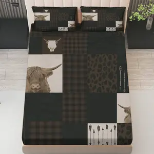 3Pcs Rustic Highland Cow Leopard Arrows Fitted Sheet Three Piece Set (1*Fitted Sheet+2*Pillowcases, Coreless), Western theme, Farmhouse Animal Print Bedding Set, Mattress Protector Soft, Breathable Sheets