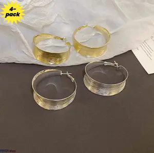 4 Pack Wide Hammered C Hoop Earrings for Women Gold Silver Chunky Open Design Minimalist Statement Jewelry Daily Wear Perfect Gifts, Hoop Earrings Gold, Hammered Earrings