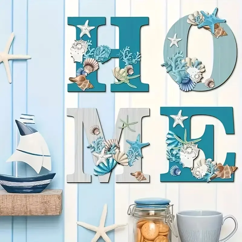 4 Piece Wooden Wall Decor Set, Wall Art, Beach Theme Seashell Design, Ocean Inspired Design, Ideal for Living Room & Bedroom, Enhances Home Aesthetics, Modern Home Decor, Decoration, Room Decorations