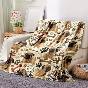 Four-Season Comfortable Skin-Friendly Ultra-Soft Flannel Blanket - Featuring Pug and Paw Print Design, Ideal for Sofas, Beds, Offices and Travel, A Perfect Gift for Pet Lovers, Exclusive Blanket for Dogs