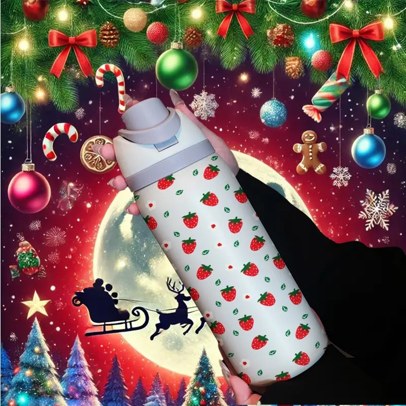 Christmas Strawberry Print Water Bottle Tumbler, Insulated Travel Tumbler, 32oz Stainless Steel Vacuum Insulated, Large Capacity Fruit Cup, Perfect Gift for Women, Thermo Tumbler