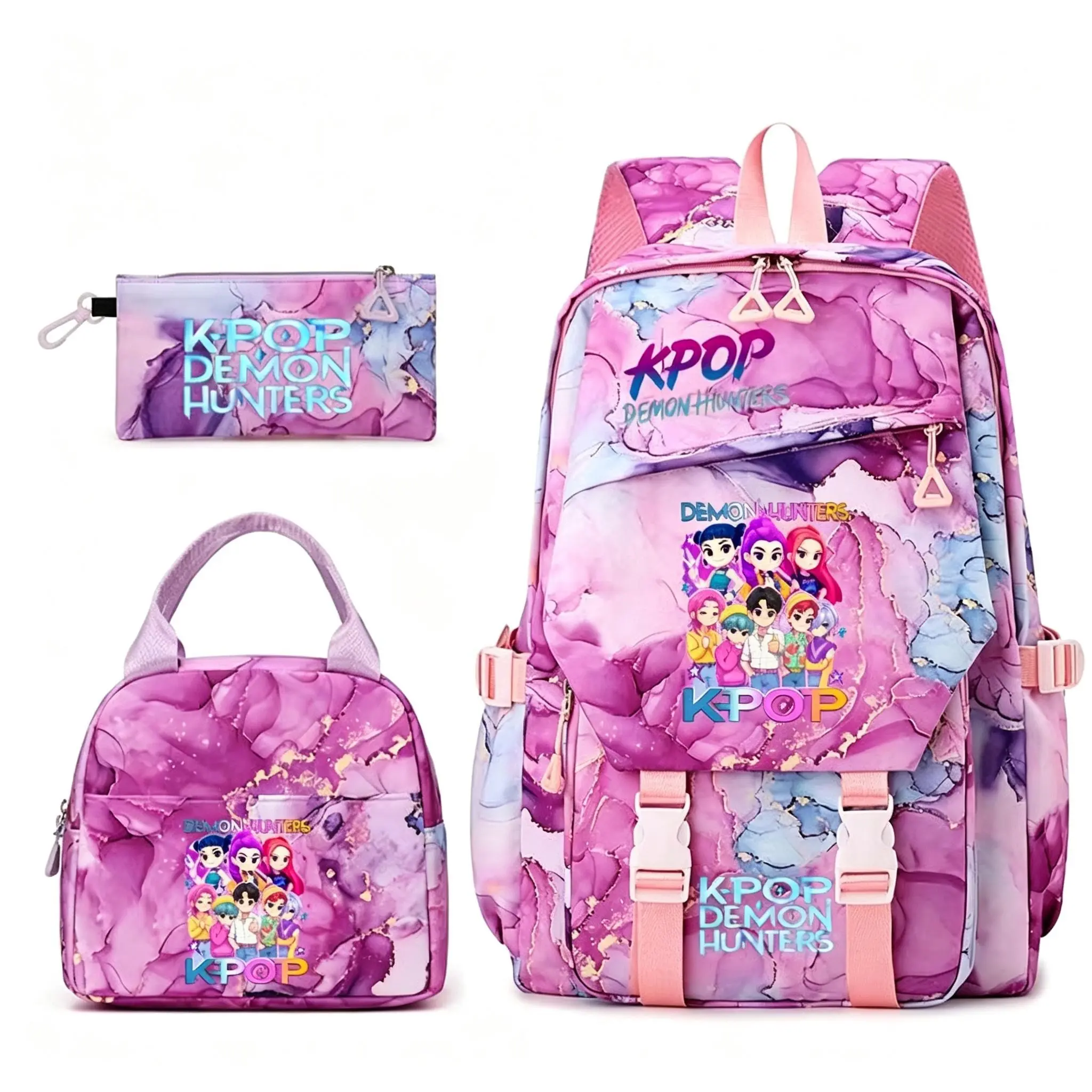Kpop Demon Hunters 3 in 1 BackpackSet, Pink Marble Water RepellentAnime Girls Print School Bag withInsulated Lunch Box & Pencil Case,Large Capacity Lightweight Bookbagfor Teen Girls Students