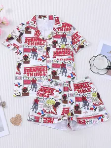 2pcs Weird Things Graffiti Print Pajama Set, Pajamas Sleepwear - Retro Pop Culture Fitted Short-Sleeve Pj Shorts, Notch Collar, Chest Pocket, Elastic Waist - Soft Womenswear Loungewear Set/Sleepwear for Binge-Watching, Sleepovers